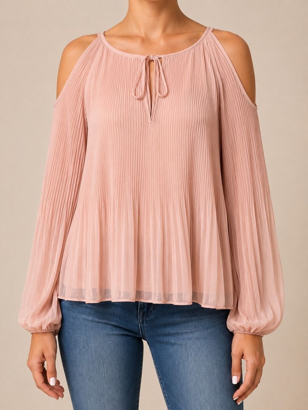 Sanctuary Blush Pink Cold Shoulder Pleated Sheer Long Sleeve Keyhole Blouse Sz S